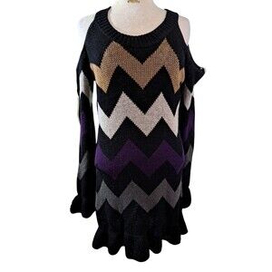 ASHLEY STEWART Womens Sweater Dress Size 14 16 Cold Shoulder Retro Geo Print New